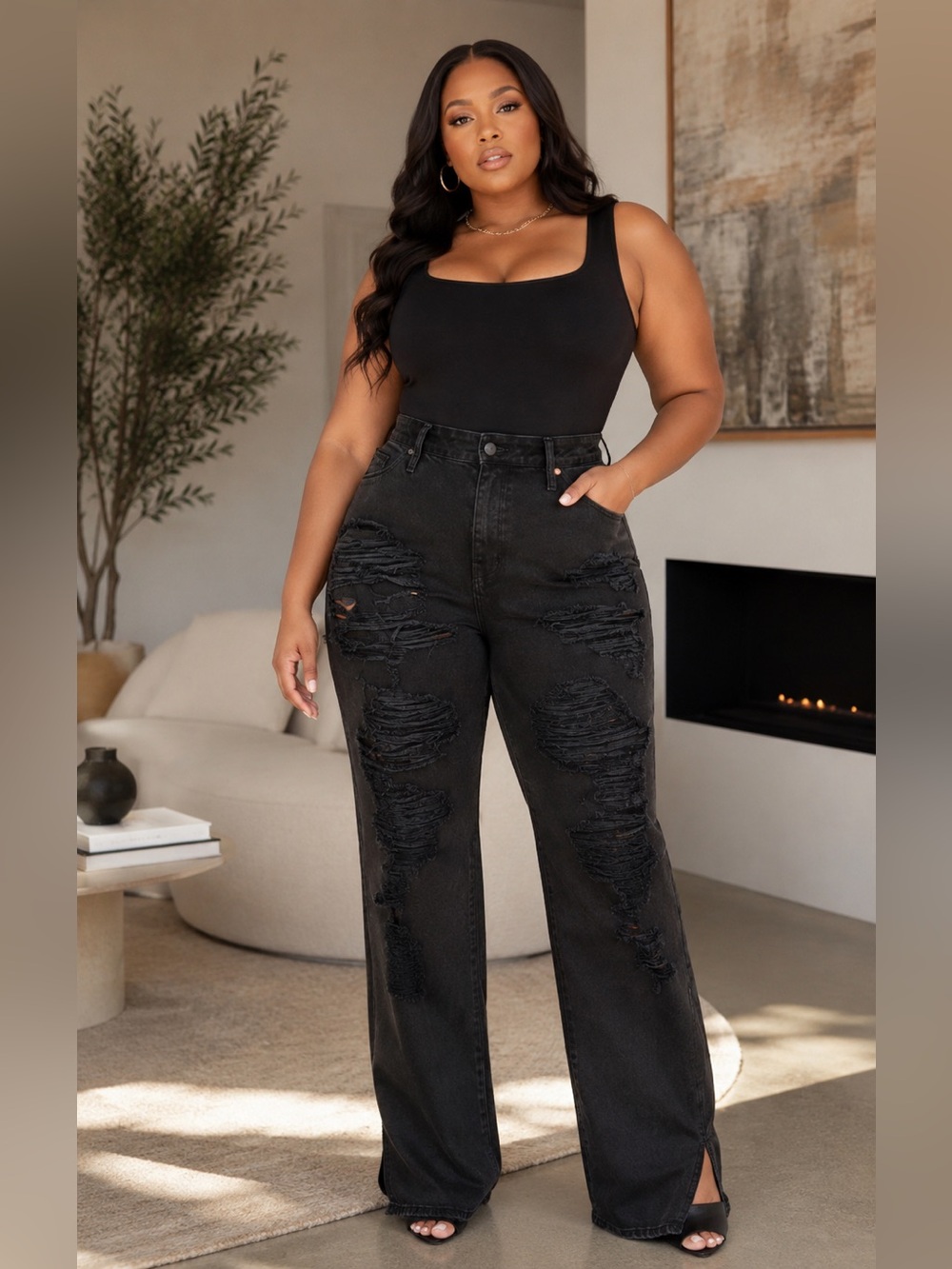 NEW GOOD AMERICAN Khloé Plus Size Distressed Ripped Jeans – Black | Size 18